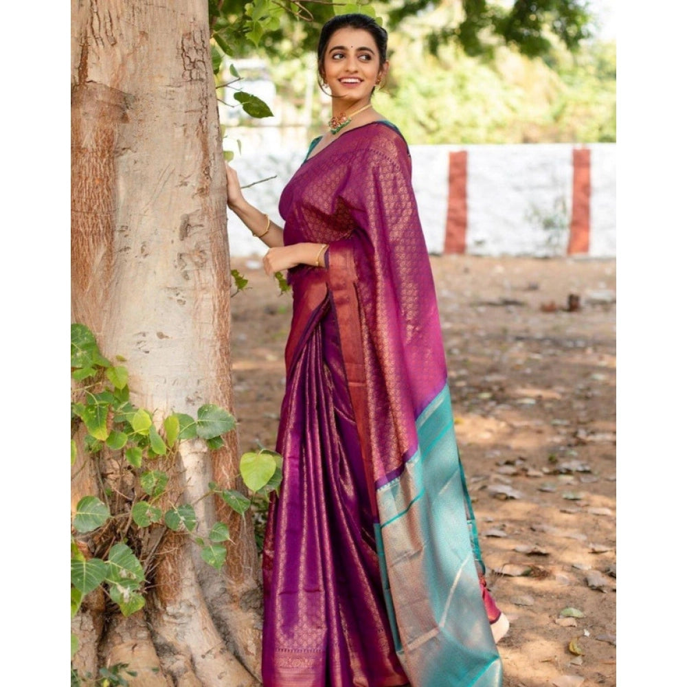Women's Soft Lichi Silk Printed Saree With Unstitched Blouse 5.5Mtr (Purple)