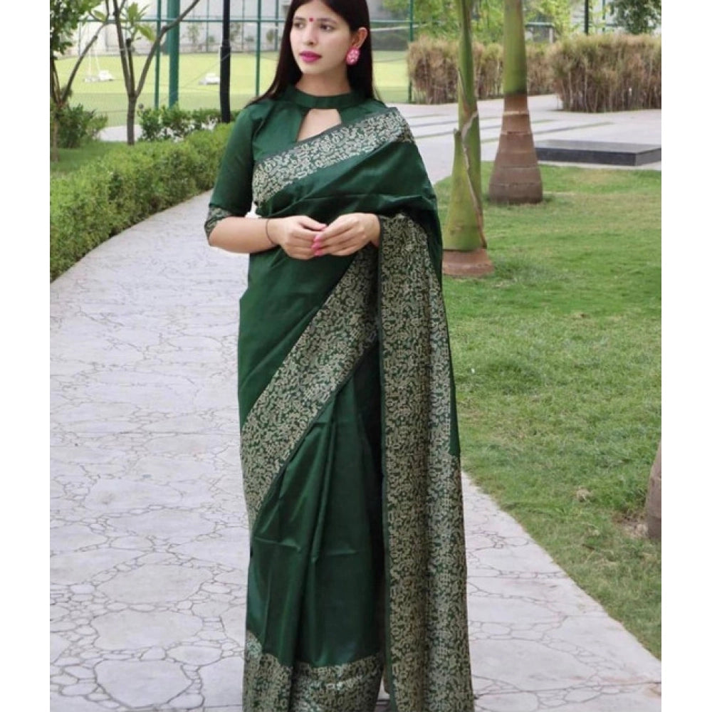 Women's Soft Lichi Silk Printed Saree With Unstitched Blouse 5.5Mtr (Green)