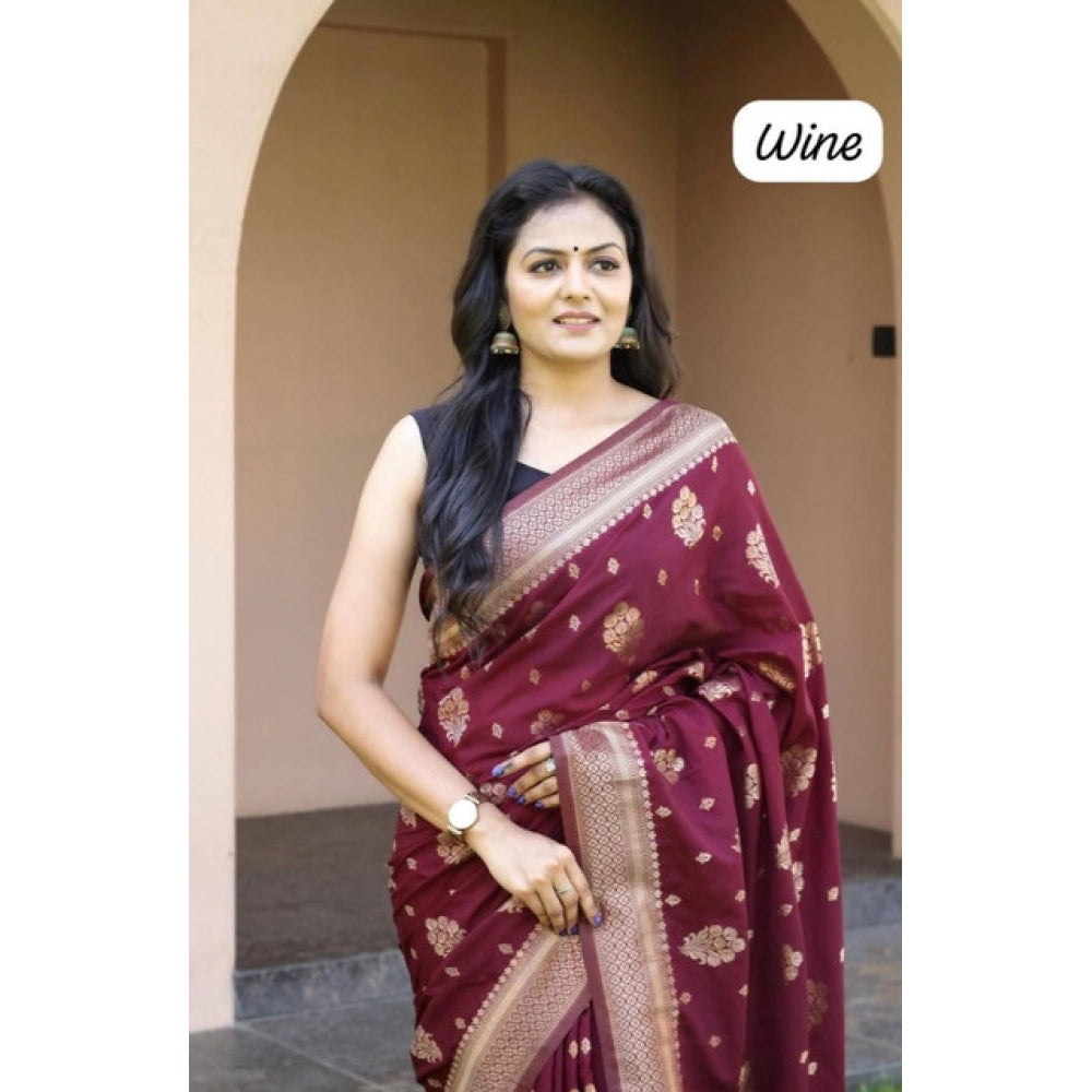 Women's Soft Lichi Silk Printed Saree With Unstitched Blouse 5.5Mtr (Wine)
