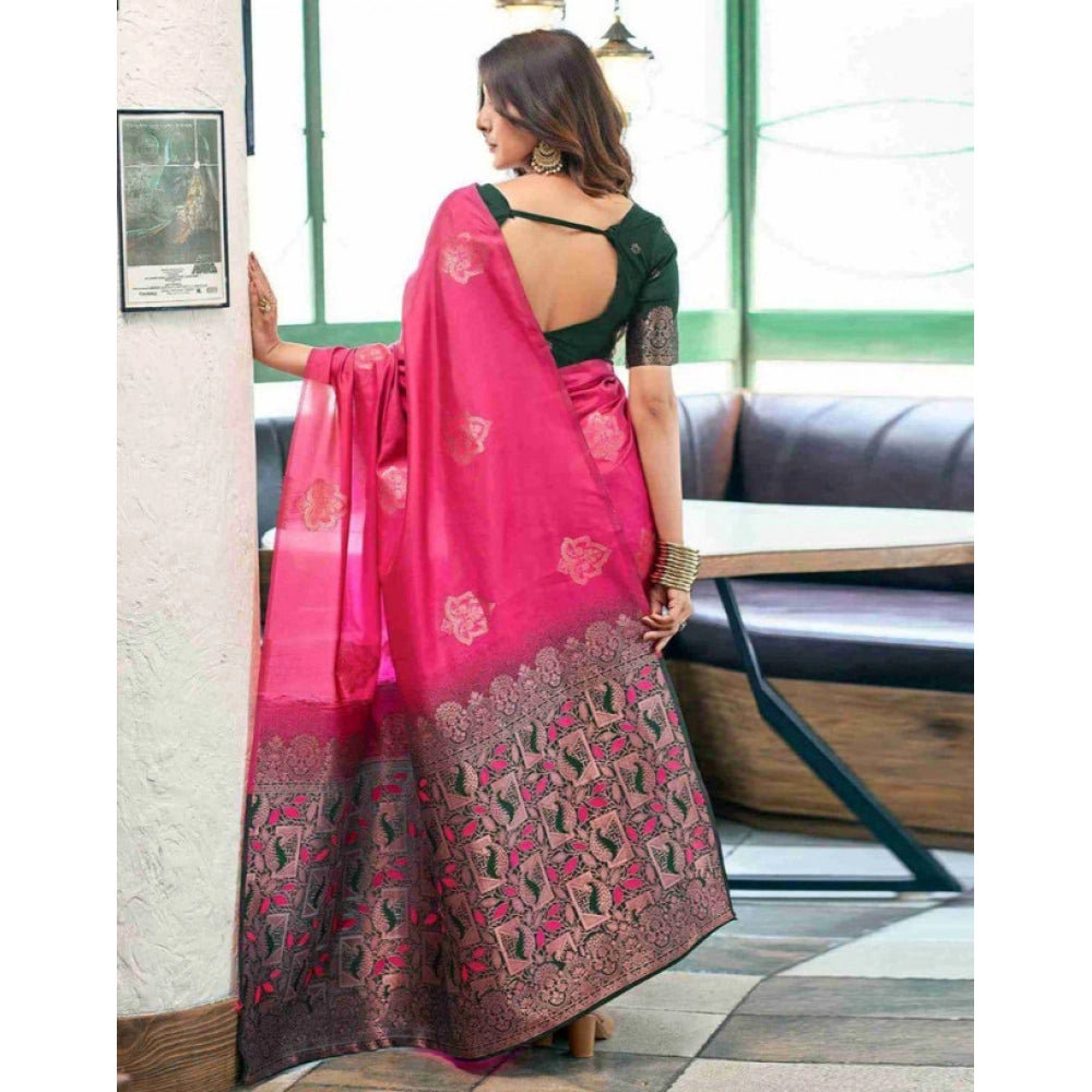 Women's Soft Lichi Silk Printed Saree With Unstitched Blouse 5.5Mtr (Pink)