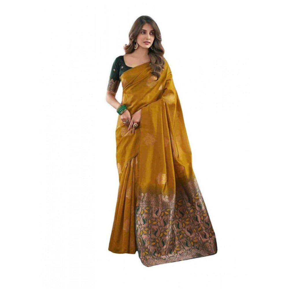 Women's Soft Lichi Silk Printed Saree With Unstitched Blouse 5.5Mtr (Mustard )