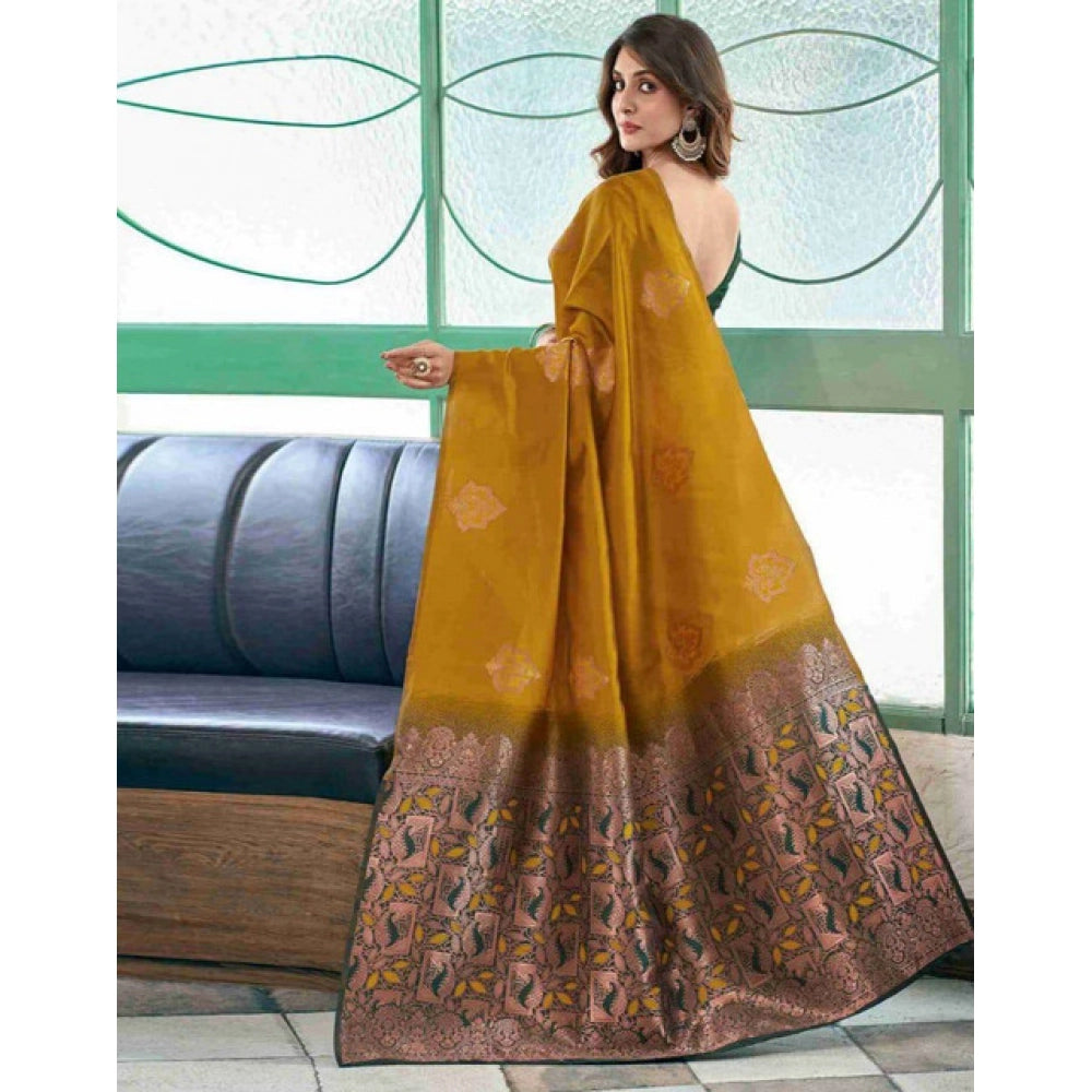 Women's Soft Lichi Silk Printed Saree With Unstitched Blouse 5.5Mtr (Mustard )