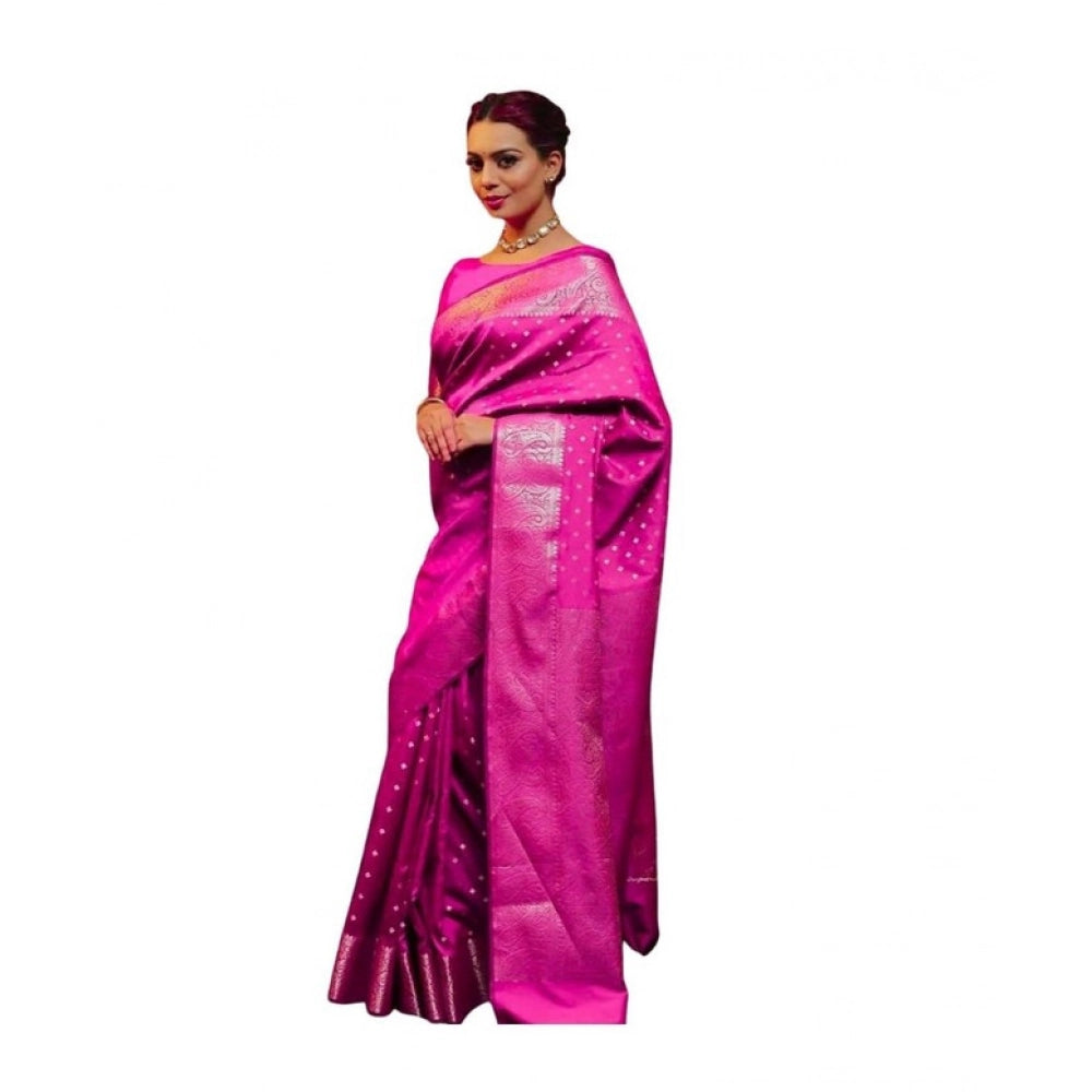 Women's Soft Lichi Silk Printed Saree With Unstitched Blouse 5.5Mtr (Pink)