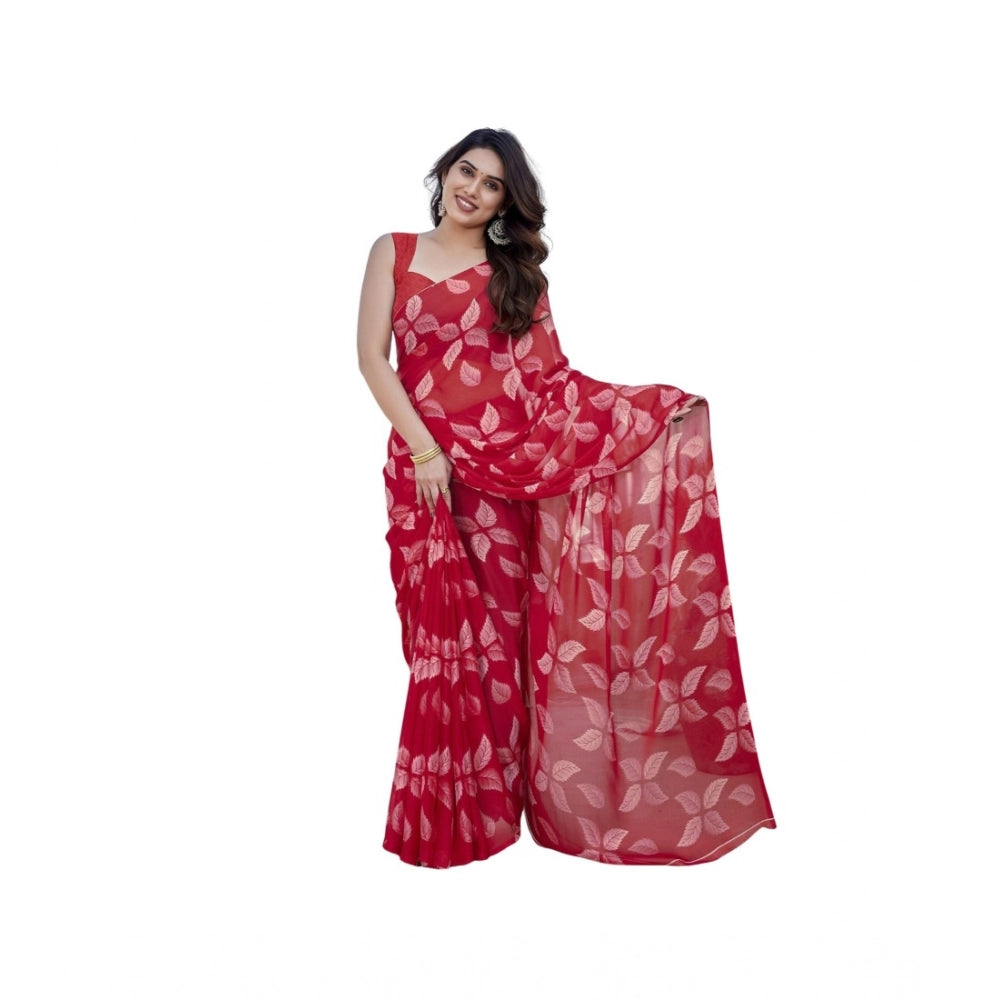 Women's Chiffon Printed Saree With Unstitched Blouse 5.5Mtr (Red)