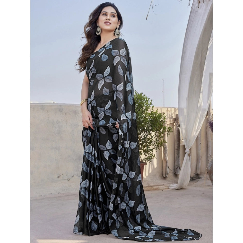 Women's Chiffon Printed Saree With Unstitched Blouse 5.5Mtr (Black)