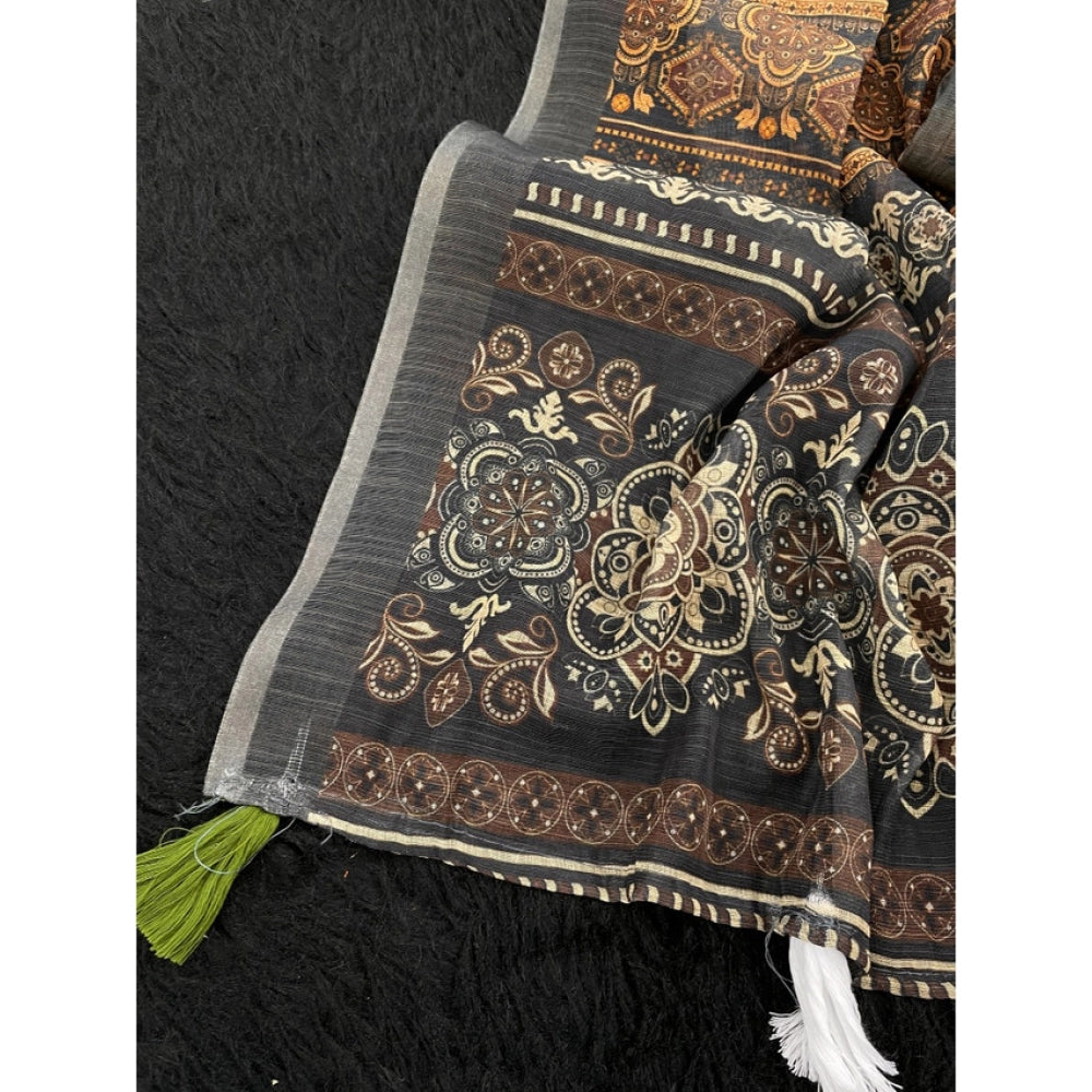 Women's Linen Cotton  Printed Saree With Unstitched Blouse 5.5Mtr (Beige)