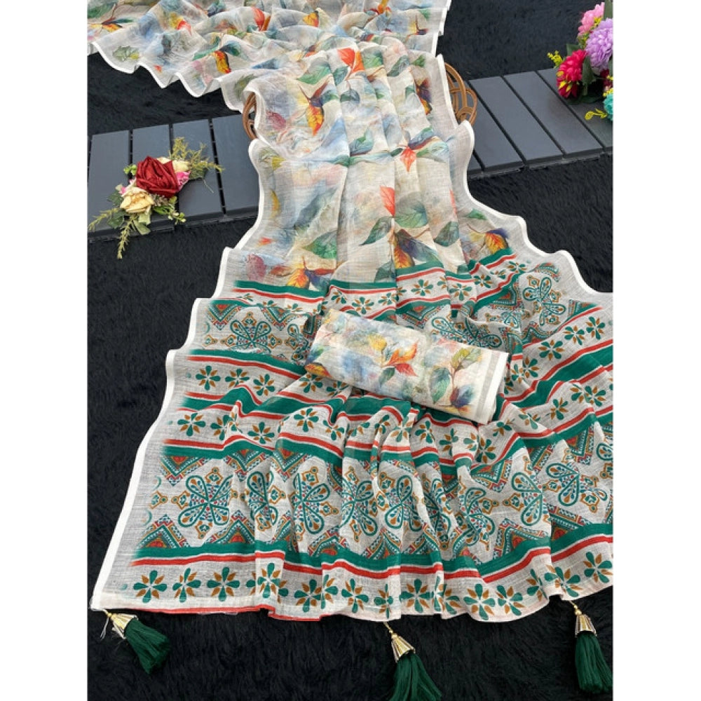Women's Linen Cotton  Printed Saree With Unstitched Blouse 5.5Mtr (Green)