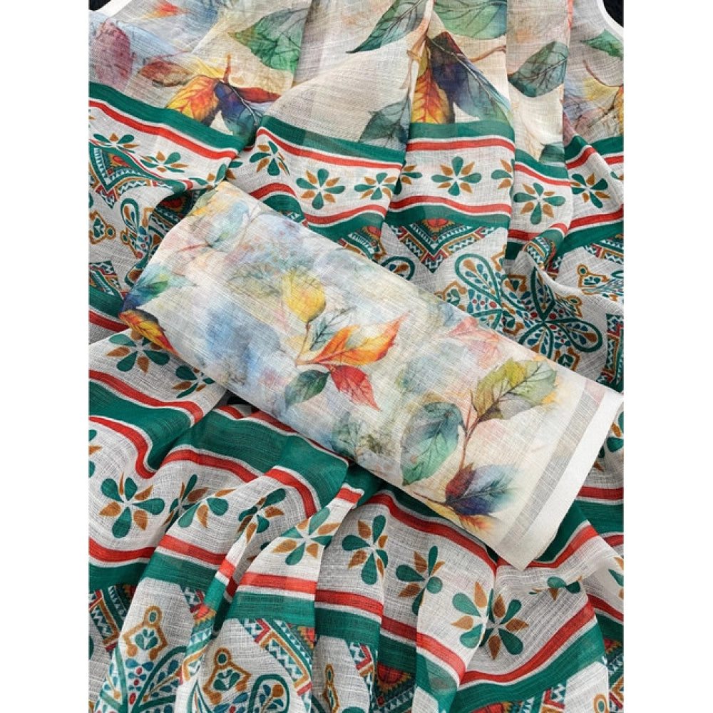 Women's Linen Cotton  Printed Saree With Unstitched Blouse 5.5Mtr (Green)
