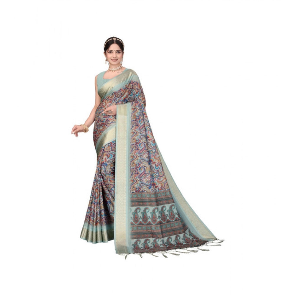 Women's Cotton Silk  Printed Saree With Unstitched Blouse 5.5Mtr (Multicolor)