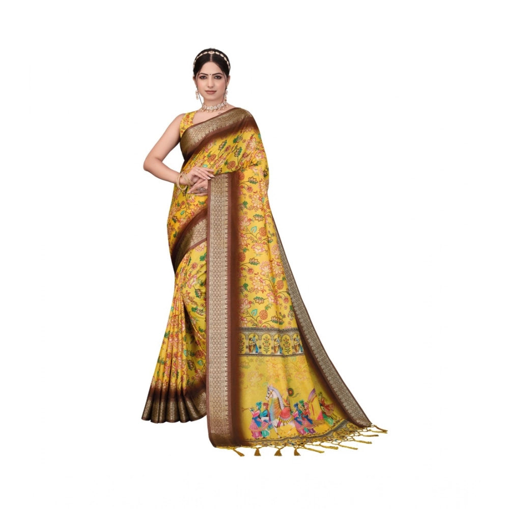 Women's Cotton Silk  Printed Saree With Unstitched Blouse 5.5Mtr (Yellow)