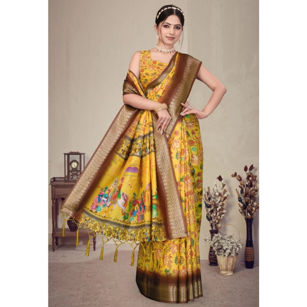 Women's Cotton Silk  Printed Saree With Unstitched Blouse 5.5Mtr (Yellow)