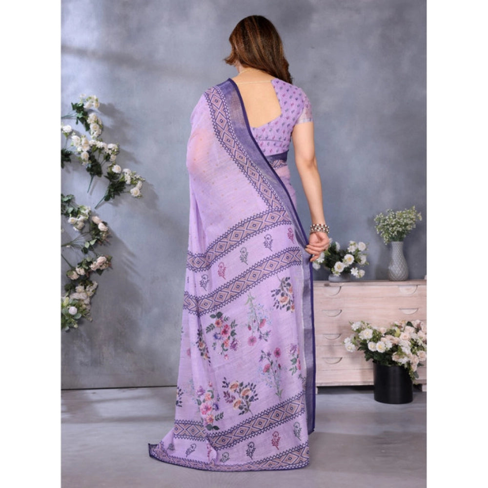 Women's Linen Cotton  Printed Saree With Unstitched Blouse 5.5Mtr (Purple)