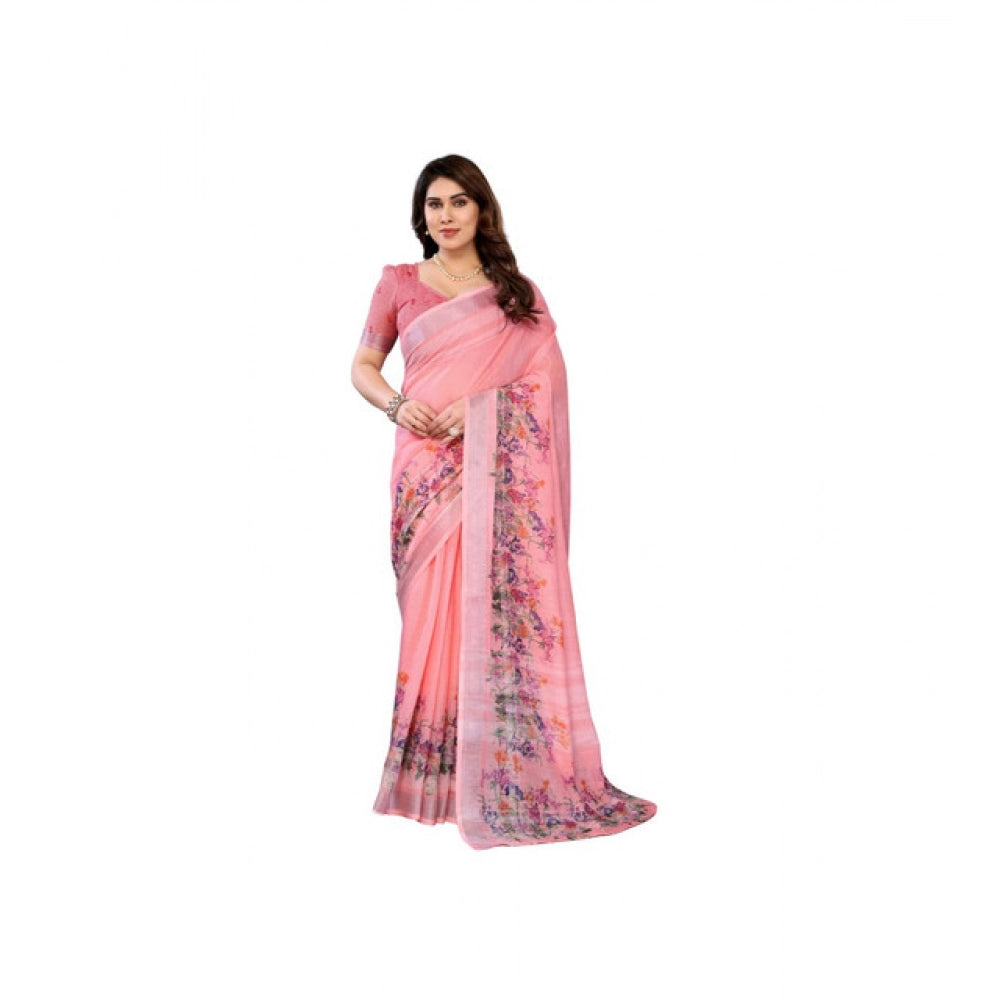 Women's Linen Cotton  Printed Saree With Unstitched Blouse 5.5Mtr (Peach)