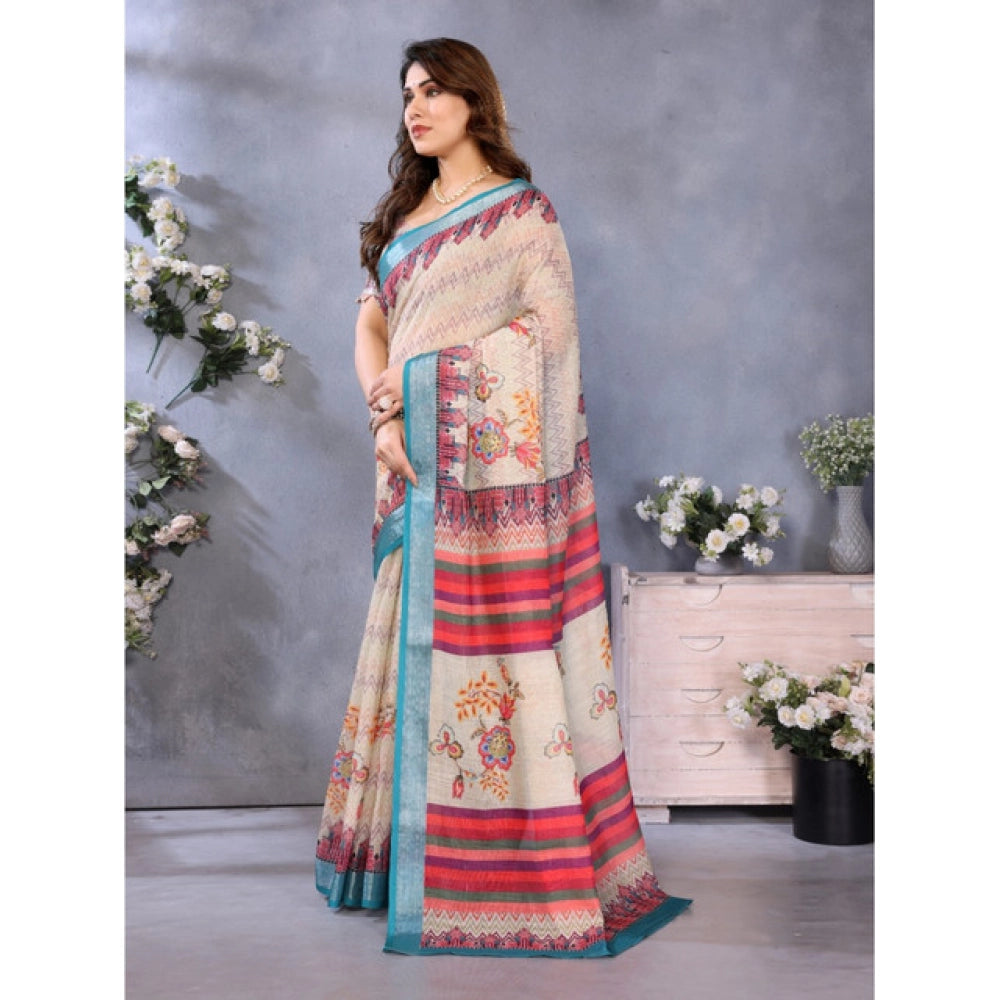 Women's Linen Cotton  Printed Saree With Unstitched Blouse 5.5Mtr (Cream)