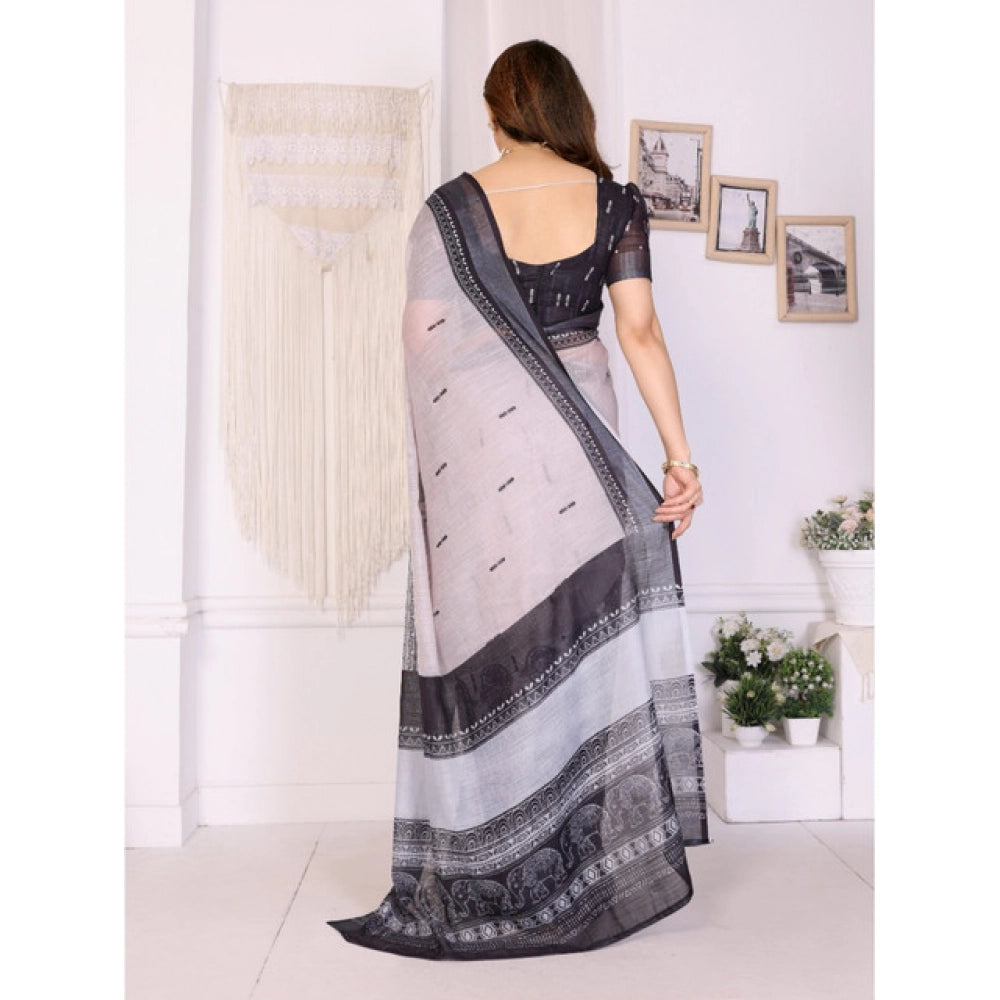 Women's Linen Cotton  Printed Saree With Unstitched Blouse 5.5Mtr (White &amp; Black)