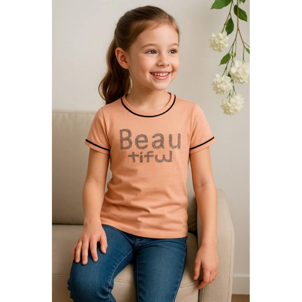 Generic Girl's Cotton Printeded Round Neck T-Shirt (Sandal Beach)