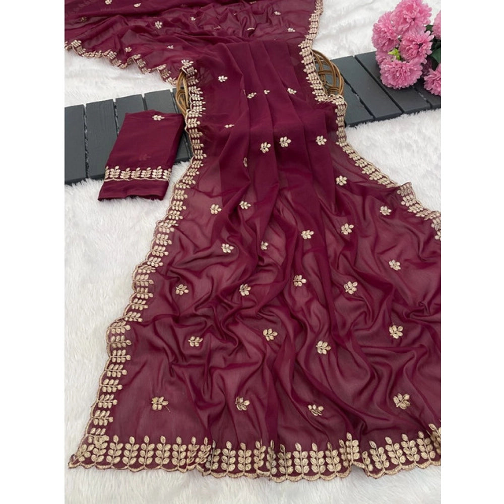 Women's Georgette Embroidered Saree With Unstitched Blouse 5.5Mtr (Red)