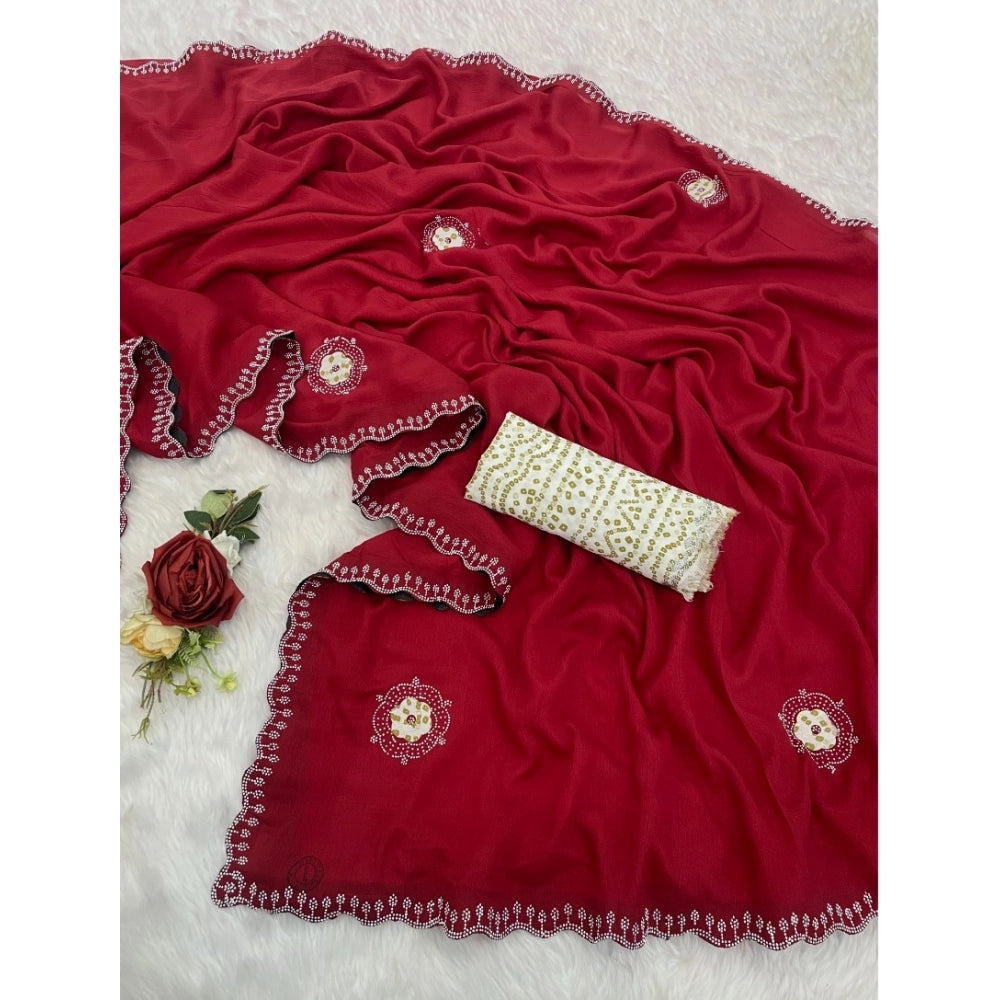 Women's Chiffon Butti Dotted Saree With Unstitched Blouse 5.5Mtr (Red)