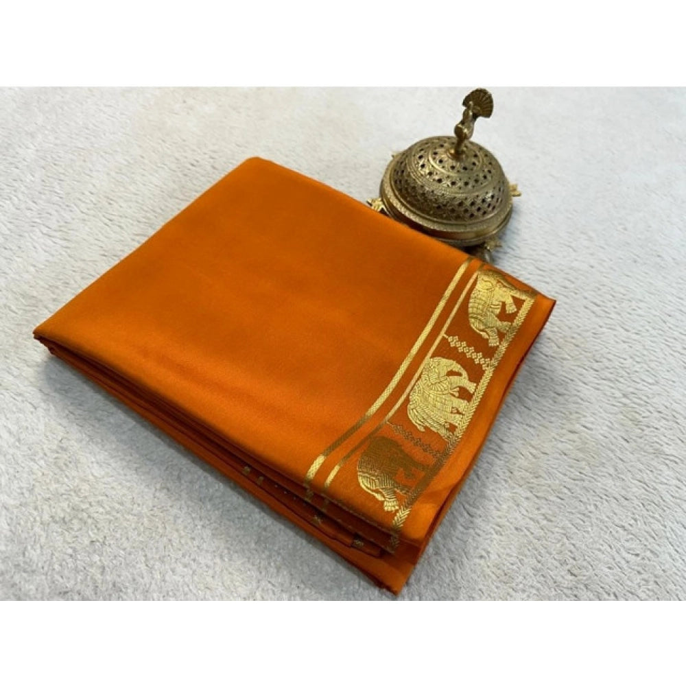 Women's Crepe Chit Pallu Solid Saree With Unstitched Blouse 5.5Mtr (Orange)