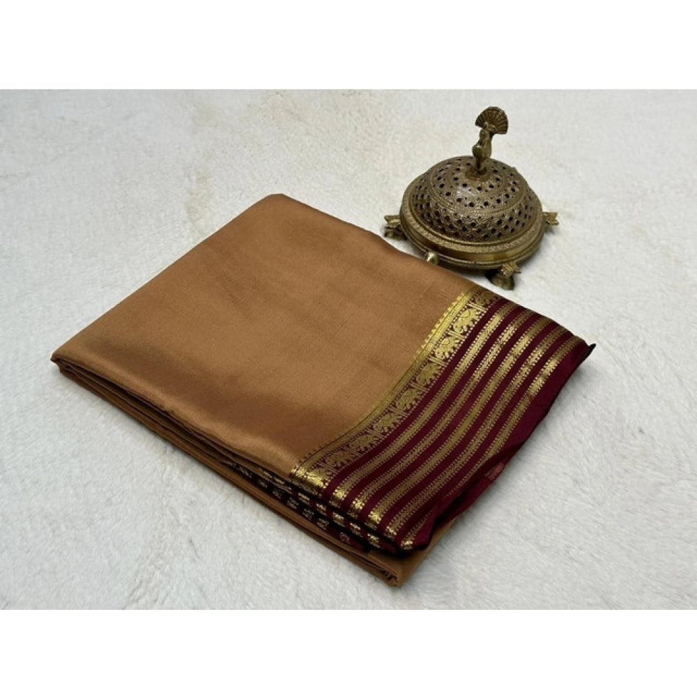 Women's Crepe Chit Pallu Solid Saree With Unstitched Blouse 5.5Mtr (Beige)