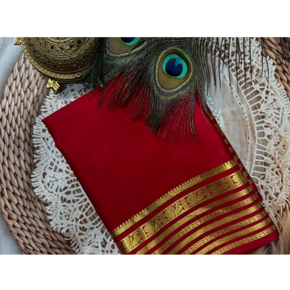 Women's Crepe Chit Pallu Solid Saree With Unstitched Blouse 5.5Mtr (Red)