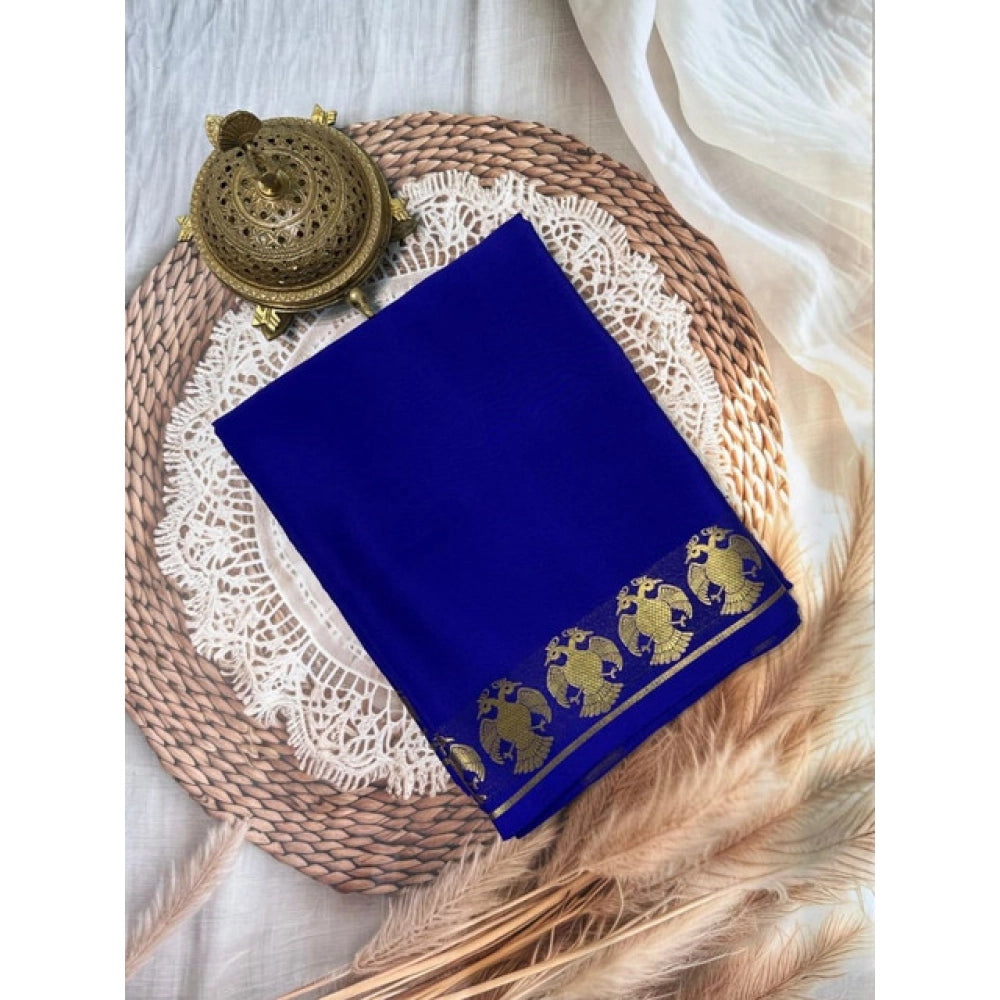 Women's Crepe Chit Pallu Solid Saree With Unstitched Blouse 5.5Mtr (Navy Blue)