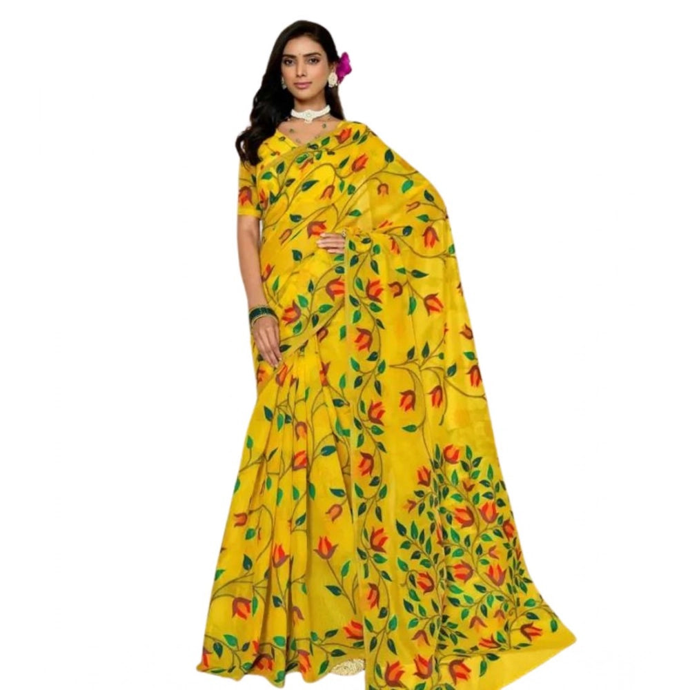 Women's Georgette Printed Saree With Unstitched Blouse 5.5Mtr (Yellow)