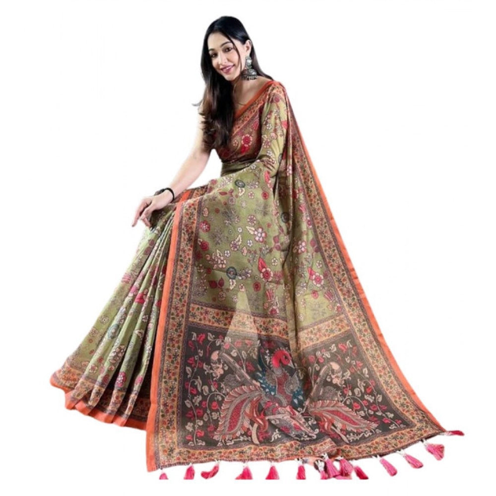 Women's Linen Printed Saree With Unstitched Blouse 5.5Mtr (Sea Green)