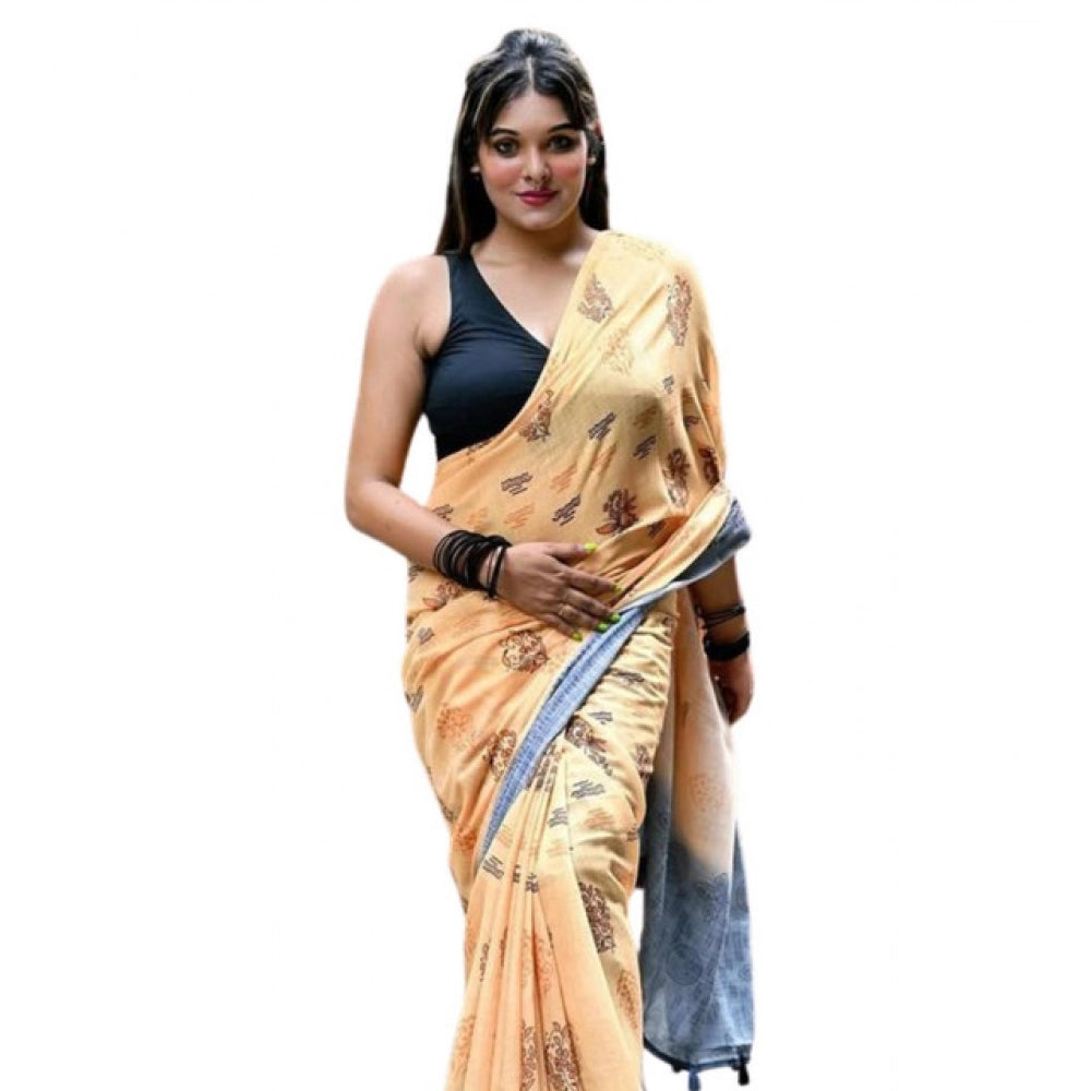 Women's Linen Printed Saree With Unstitched Blouse 5.5Mtr (Peach)