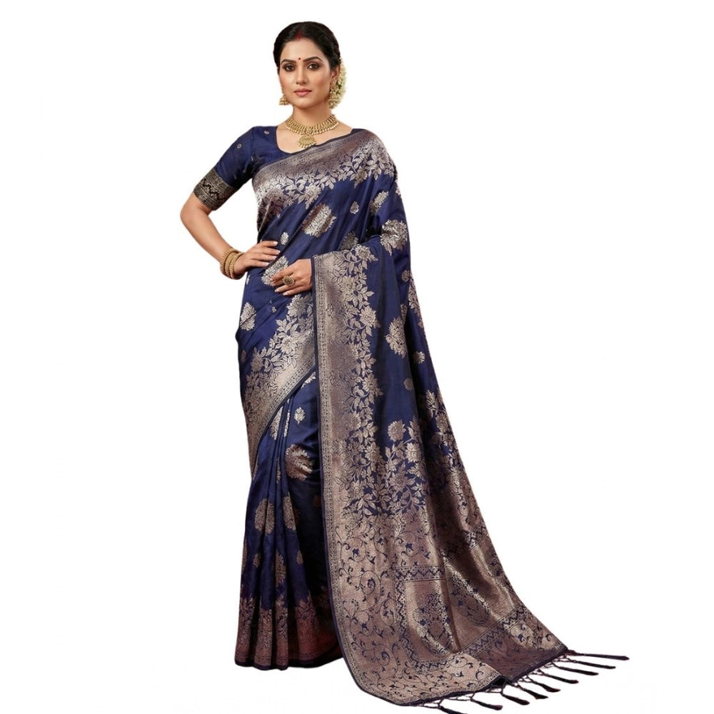 Women's Silk Blend Printed Saree With Unstitched Blouse 5.5Mtr (Navy Blue)