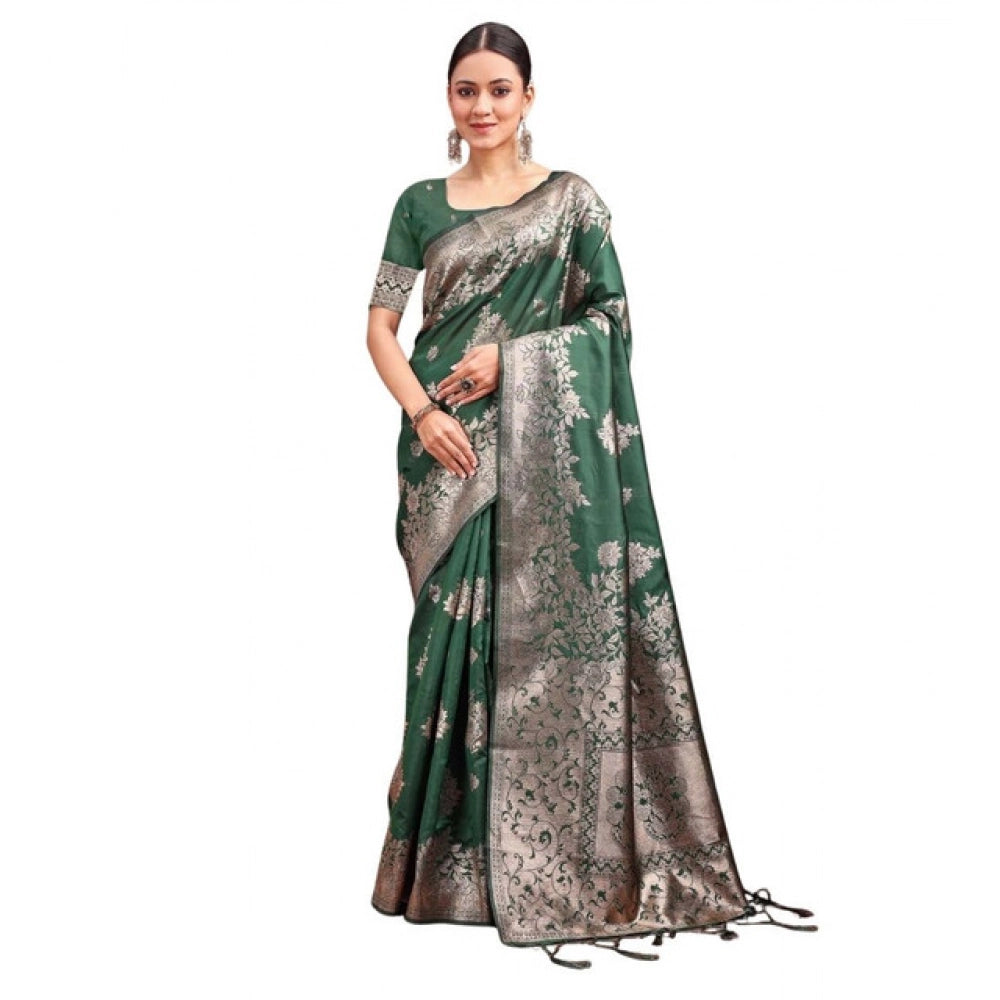 Women's Banarasi Silk Printed Saree With Unstitched Blouse 5.5Mtr (Dark Green)