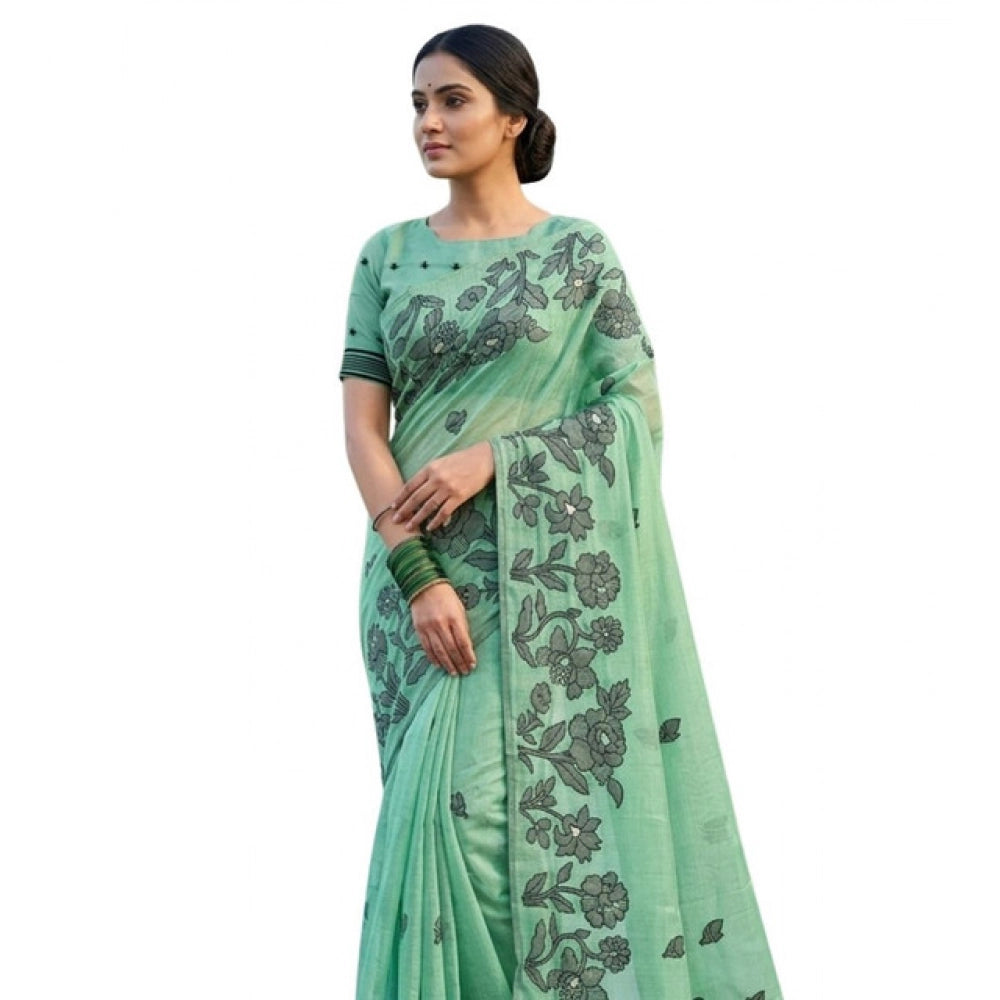 Women's Linen Cotton Printed Saree With Unstitched Blouse 5.5Mtr (Rama Green)