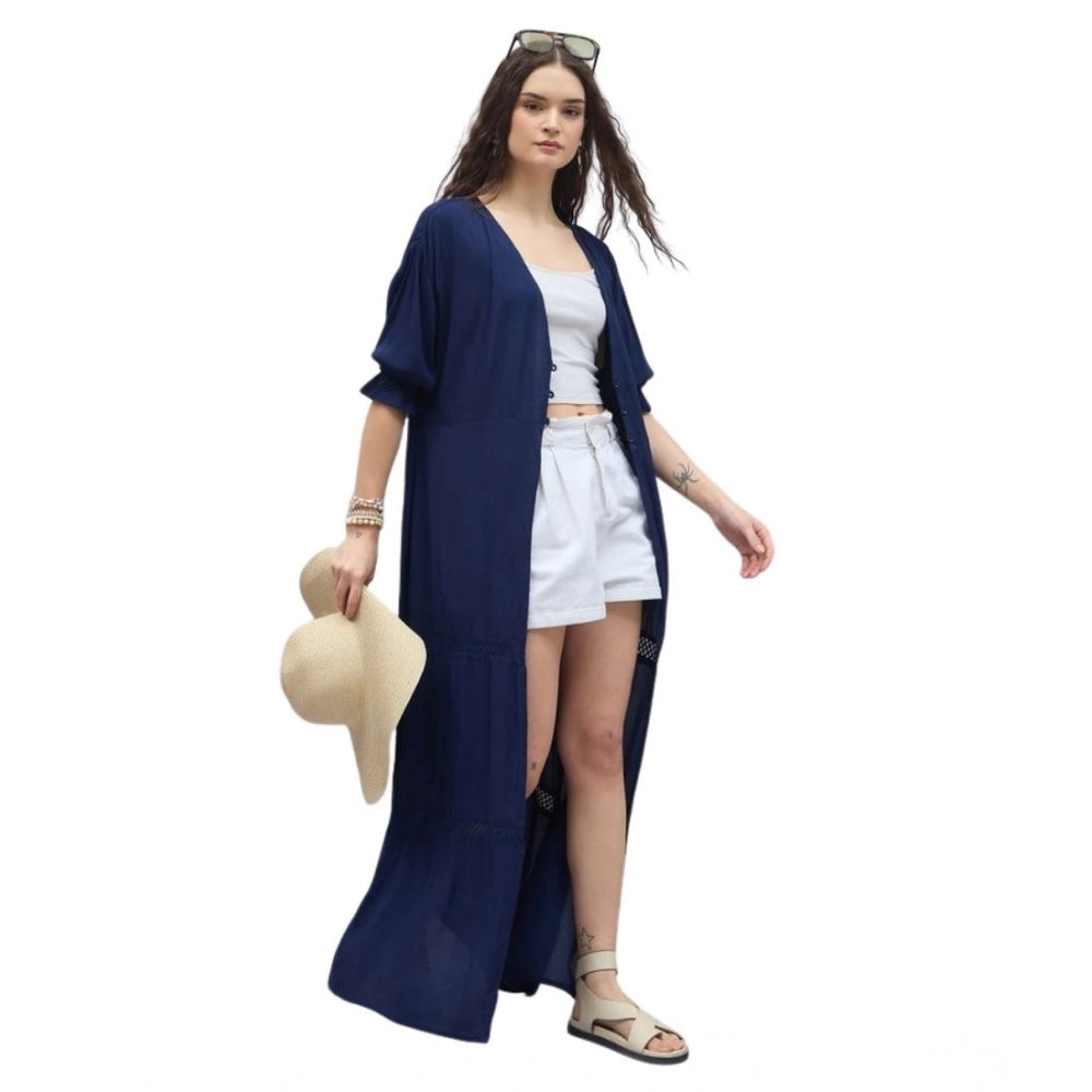 Generic Women's Rayon Crepe Lace Inserts 3-4th Sleeve Shrug (Navy)