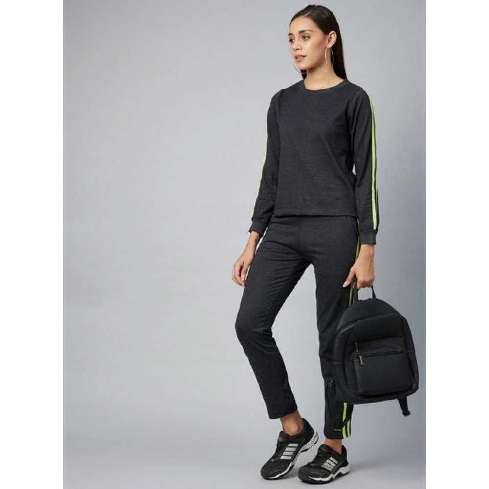 Generic Women's Cotton Solid Long Sleeves Tracksuit (Dark Grey - Green)
