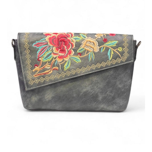 Generic Women's Polyurethane Floral Embroidered Crossbody Sling Bag with Adjustable &amp; Removable Strap (Grey)