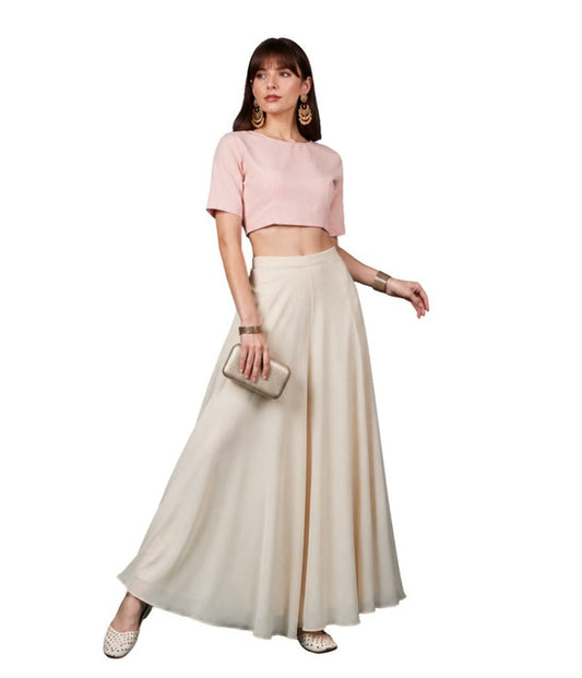Women's Georgette Solid Mid-Rise Wide Leg Flared Palazzo with Elastic Waist (Cream)