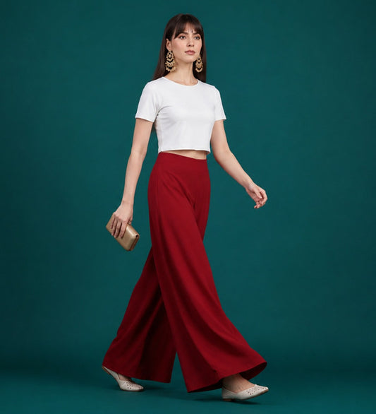 Women's Georgette Solid Mid-Rise Wide Leg Flared Palazzo with Elastic Waist (Maroon)