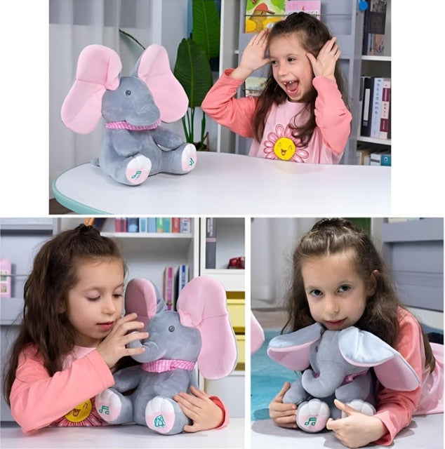 Wool Peek-a-Boo Musical Elephant Plush Toy (Grey-Pink)